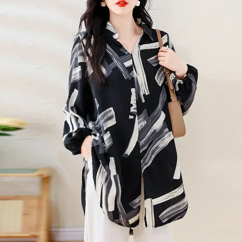 ASAYA Atasan gaya retro kerah v model longgar motif cetak untuk wanita