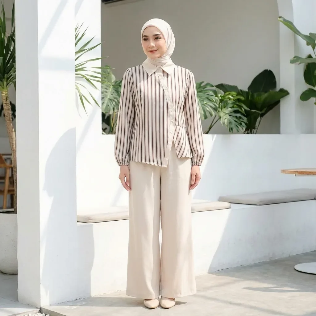 ASAYA Setelan dua potong wanita dengan kemeja lengan panjang bercorak berkerah rancangannya tidak beraturan yang elegan dipadukan dengan celana palazzo