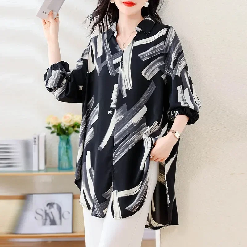ASAYA Atasan gaya retro kerah v model longgar motif cetak untuk wanita
