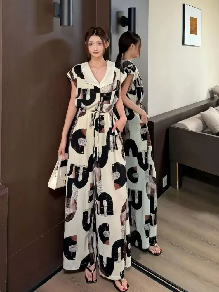 FADFAD Jumpsuit wanita panjang lengan pendek motif cetak kasual trendi