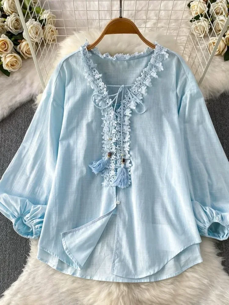 FADFAD Atasan blouse kerah v neck motif warna solid gaya baru