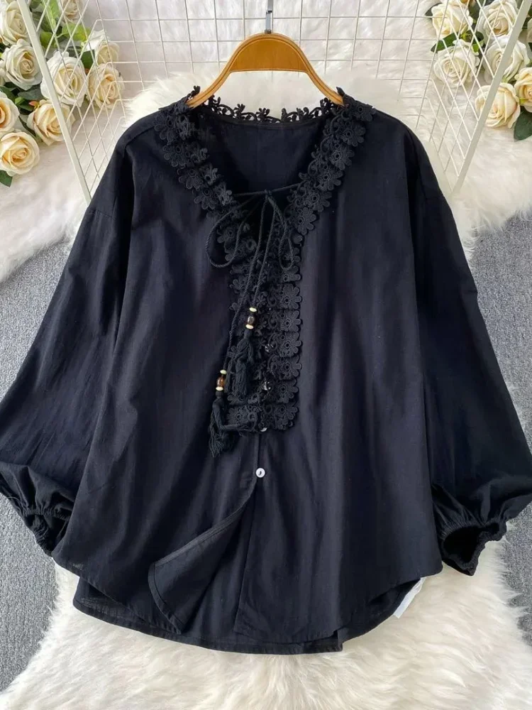 FADFAD Atasan blouse kerah v neck motif warna solid gaya baru
