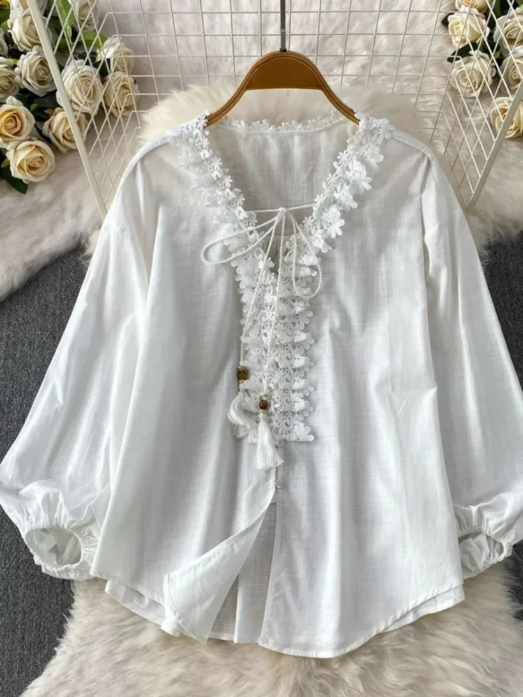 FADFAD Atasan blouse kerah v neck motif warna solid gaya baru