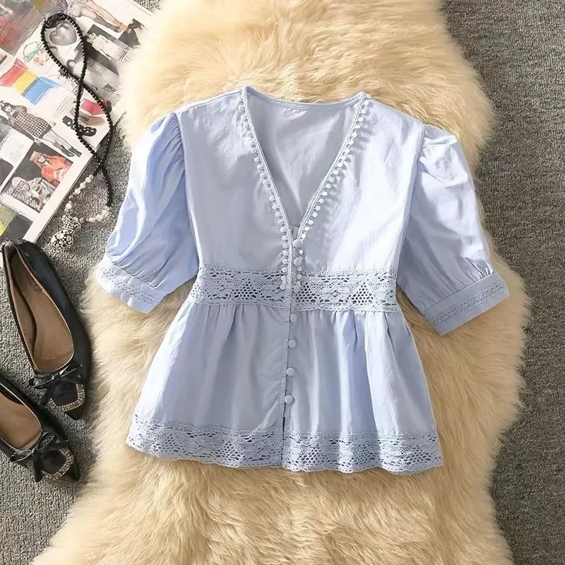 CHICMORE Kemeja lengan pendek model berongga gaya feminime untuk wanita