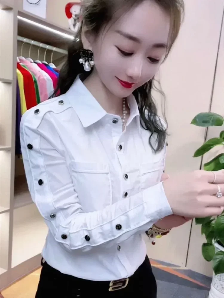 FADFAD Atasan kemeja kasual dengan warna solid lengan panjang cocok untuk wanita