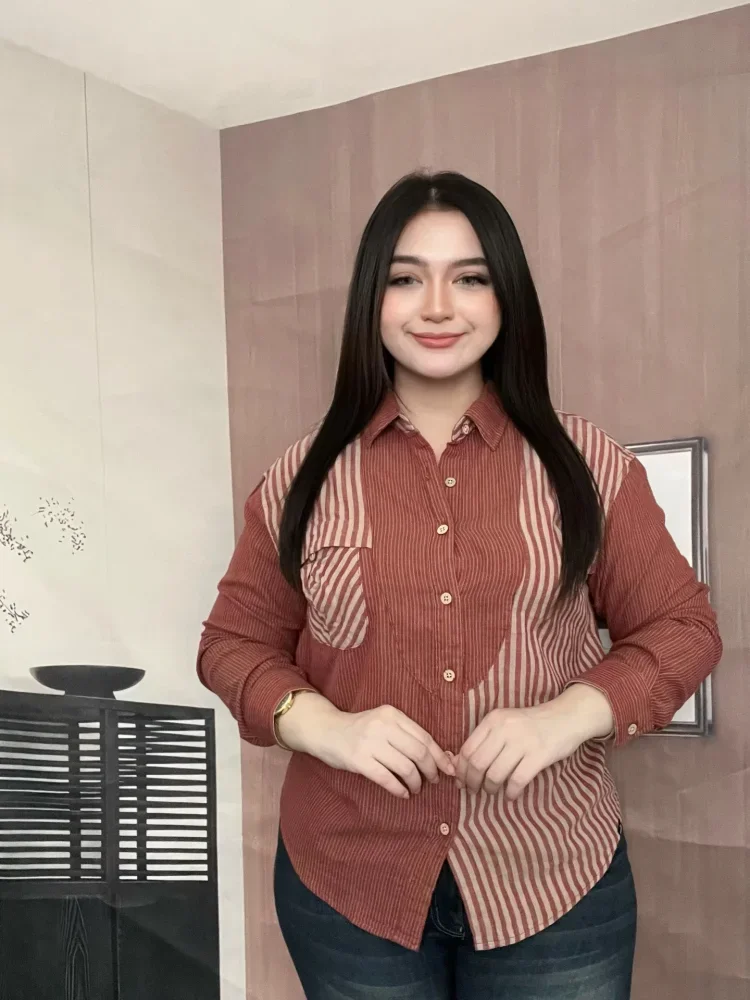 [READY STOCK]FADFAD Atasan kemeja lengan panjang bermotif dengan gaya kasual untuk wanita
