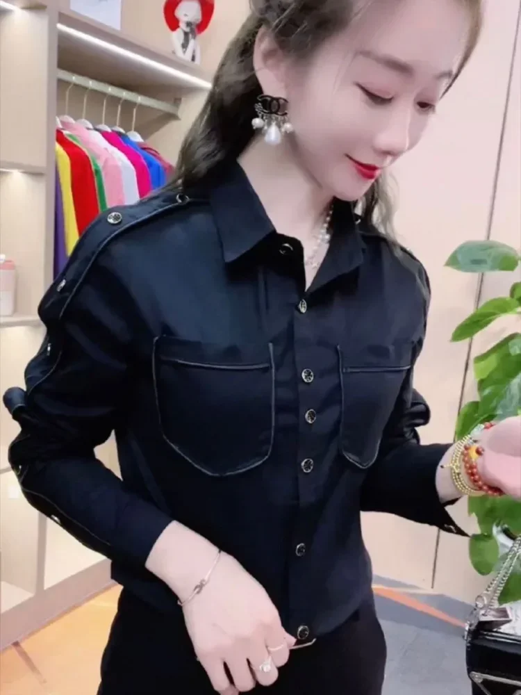 FADFAD Atasan kemeja kasual dengan warna solid lengan panjang cocok untuk wanita