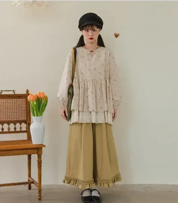 CHICMORE Atasan blouse longgar wanita dengan model lengan panjang dan motif cantik