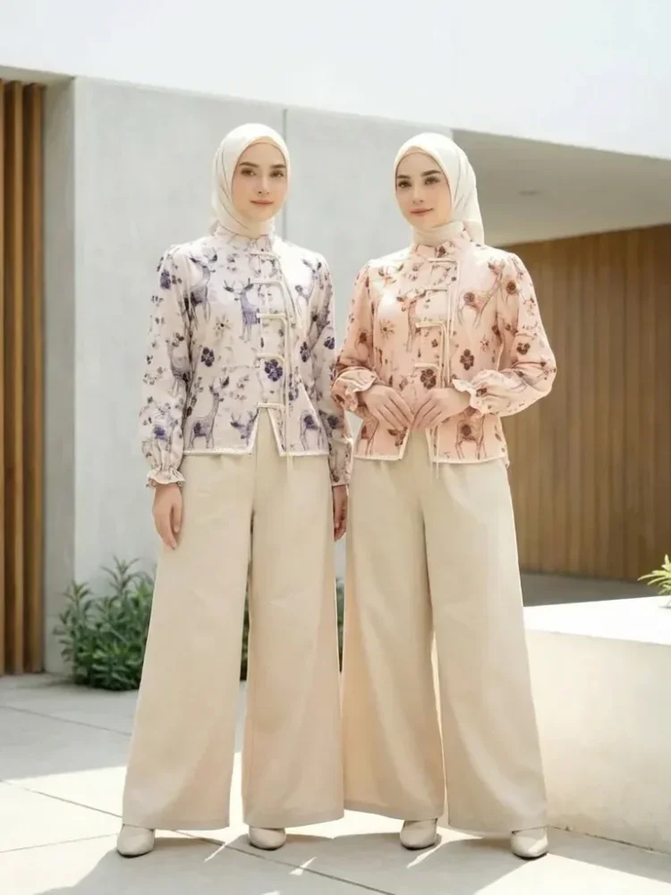 ASAYA Setelan wanita dengan lengan bell dan resleting buatan tangan bergaya minimalis warna solid