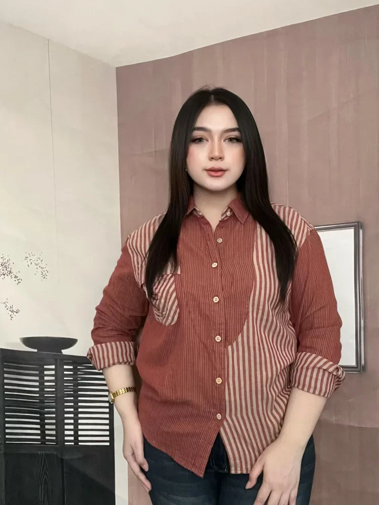 [READY STOCK]FADFAD Atasan kemeja lengan panjang bermotif dengan gaya kasual untuk wanita