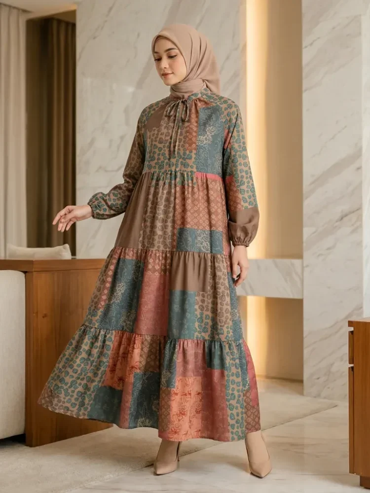 ASAYA Gaun panjang longgar kasual tipis bermotif dengan desain mode elegan