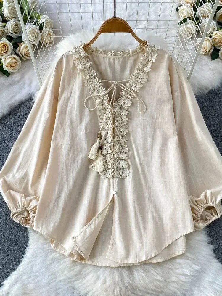 FADFAD Atasan blouse kerah v neck motif warna solid gaya baru