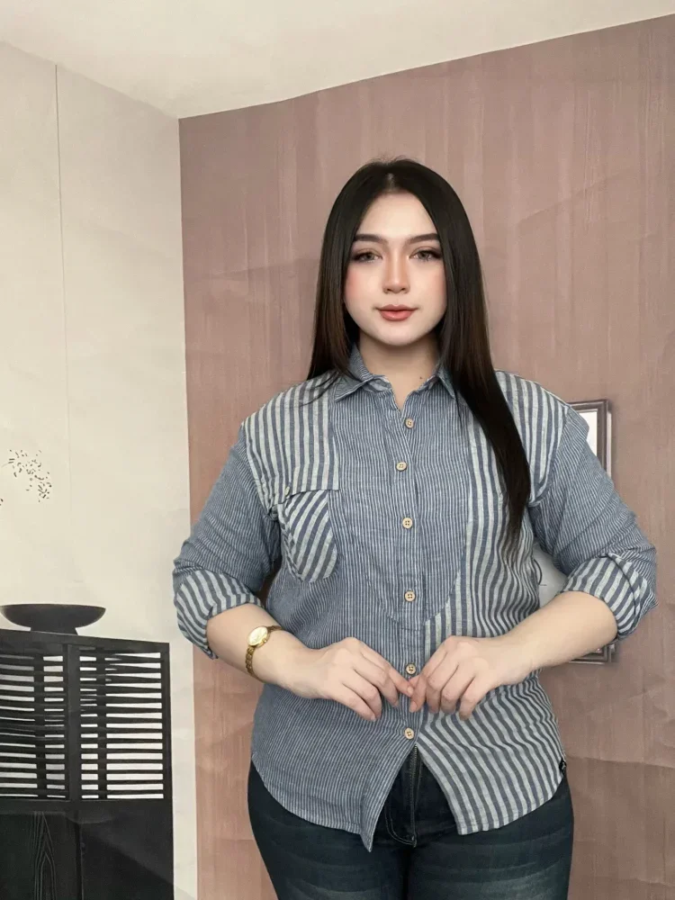 [READY STOCK]FADFAD Atasan kemeja lengan panjang bermotif dengan gaya kasual untuk wanita