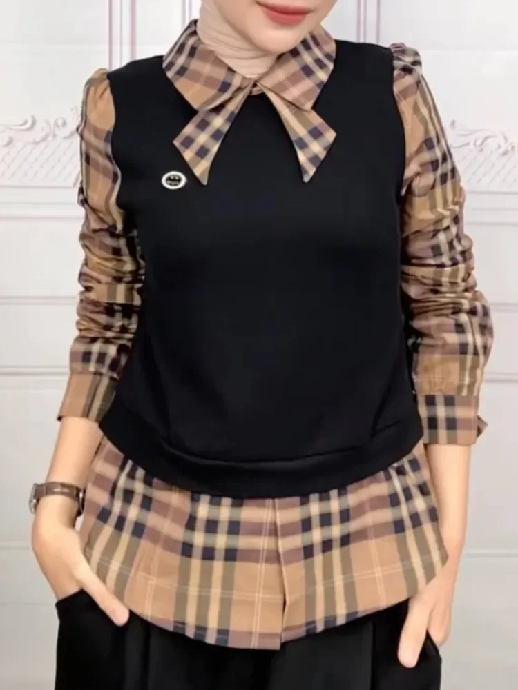 FADFAD Atasan blouse model dua potong palsu dengan motif kotak-kotak
