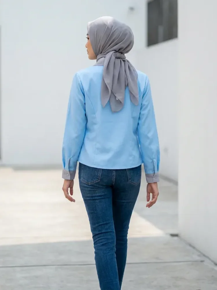 ASAYA Setelan atasan kemeja lengan panjang wanita warna polos dengan ritsleting dan kontras warna