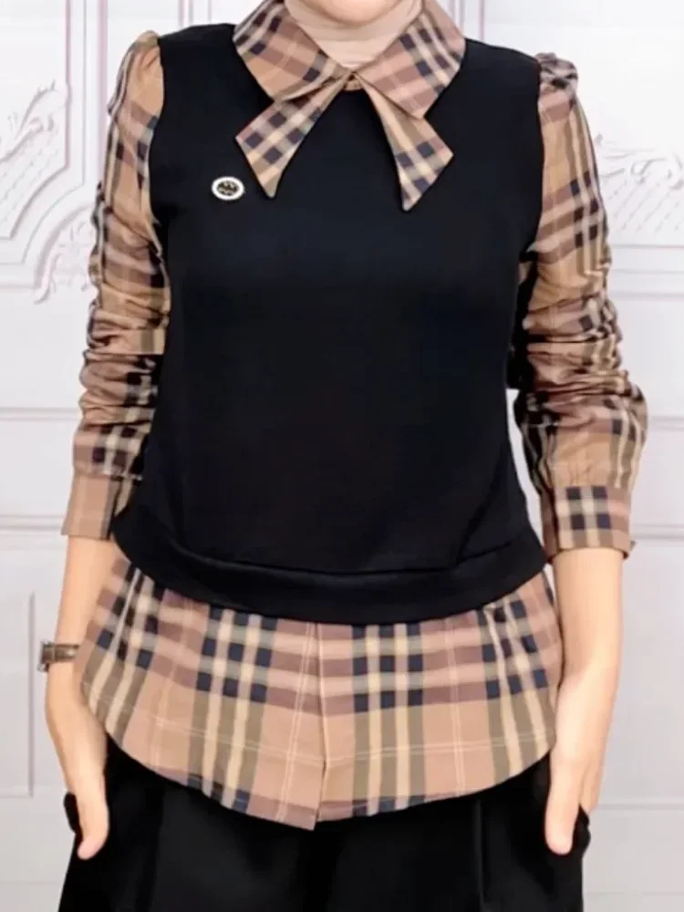 FADFAD Atasan blouse model dua potong palsu dengan motif kotak-kotak