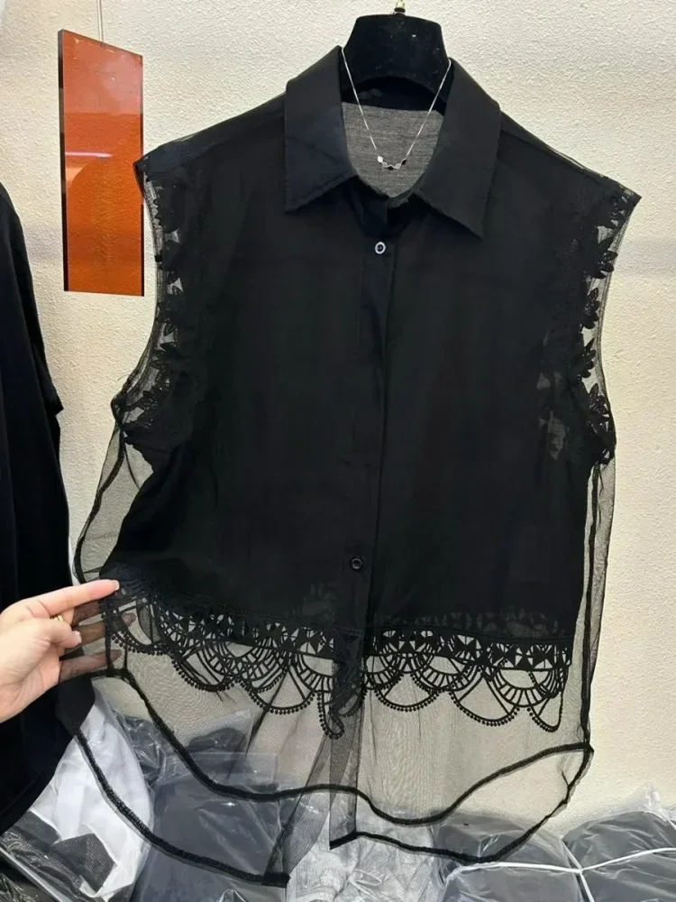 FADFAD Setelan kemeja rompi jala berpotongan dengan kerah dan patchwork