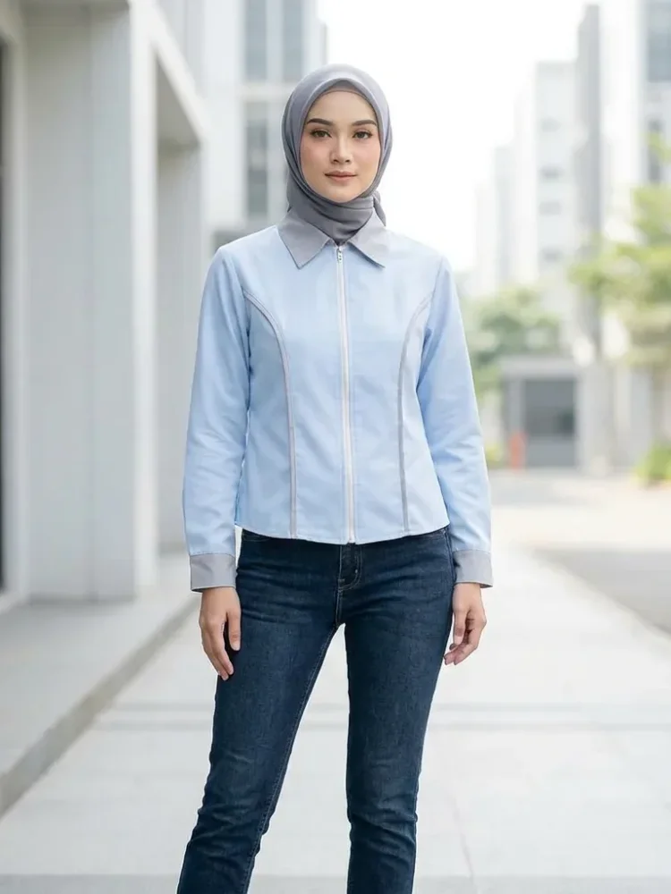 ASAYA Setelan atasan kemeja lengan panjang wanita warna polos dengan ritsleting dan kontras warna