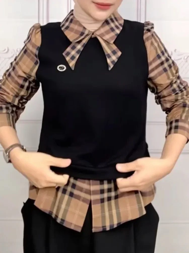 FADFAD Atasan blouse model dua potong palsu dengan motif kotak-kotak