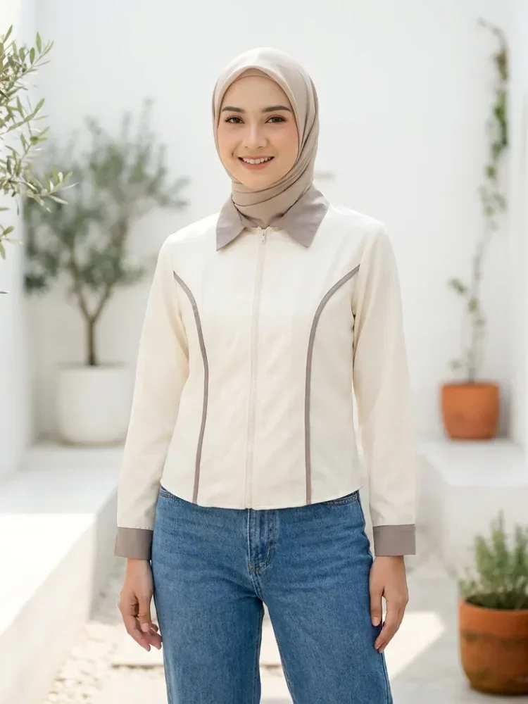 ASAYA Setelan atasan kemeja lengan panjang wanita warna polos dengan ritsleting dan kontras warna