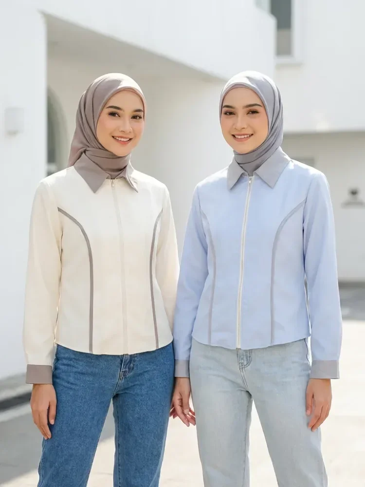 ASAYA Setelan atasan kemeja lengan panjang wanita warna polos dengan ritsleting dan kontras warna