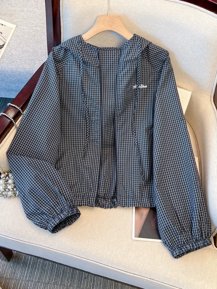 CHICMORE Atasan jaket gaya modis bermotif kotak-kotak lengan panjang dengan tudung kekinian
