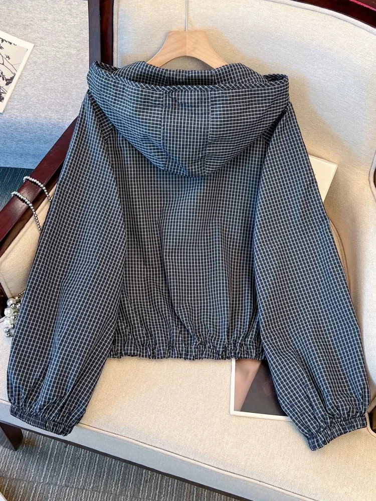 CHICMORE Atasan jaket gaya modis bermotif kotak-kotak lengan panjang dengan tudung kekinian