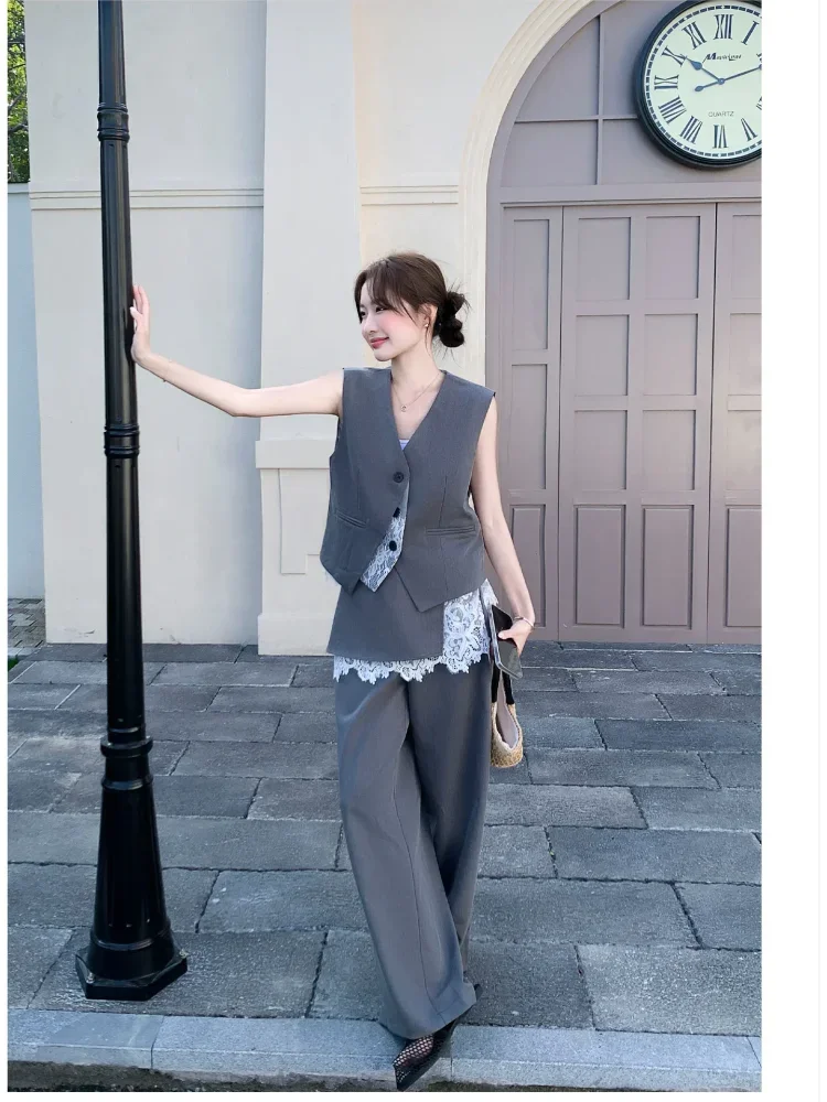 CHICMORE Setelan wanita vest blazer + celana wide leg panjang desain renda