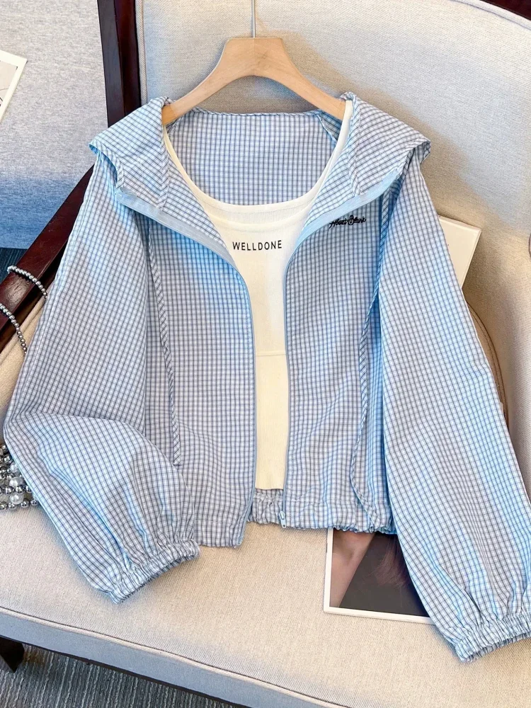 CHICMORE Atasan jaket gaya modis bermotif kotak-kotak lengan panjang dengan tudung kekinian
