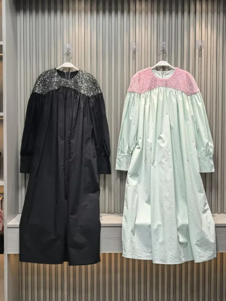 CHICMORE Gaun wanita gaya kasual kontras warna lengan panjang