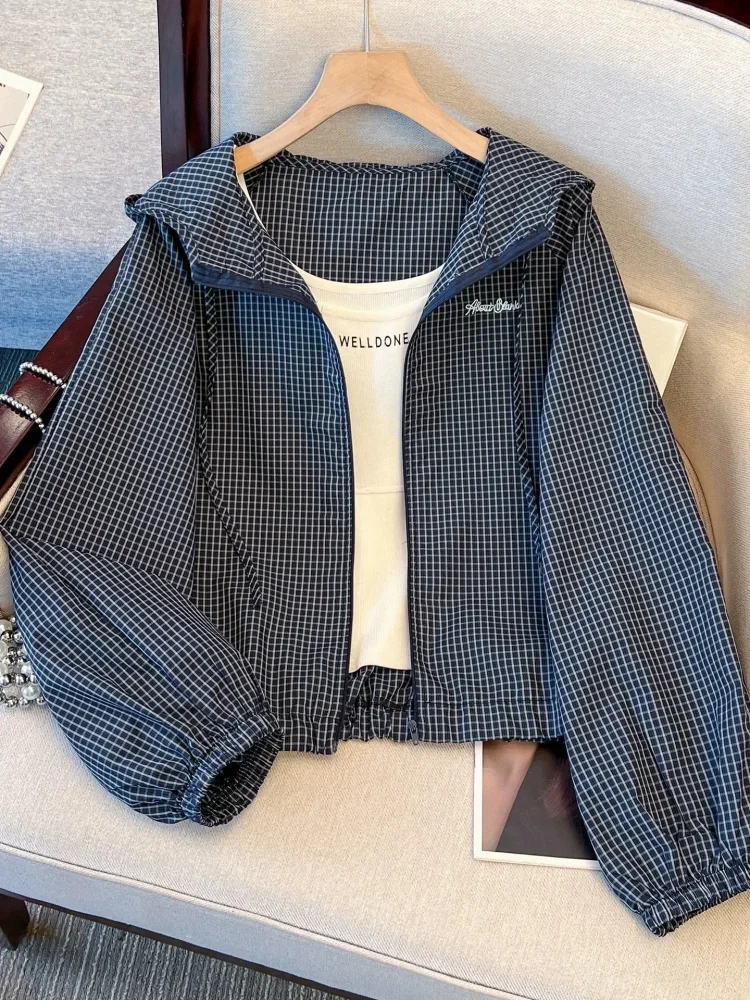 CHICMORE Atasan jaket gaya modis bermotif kotak-kotak lengan panjang dengan tudung kekinian