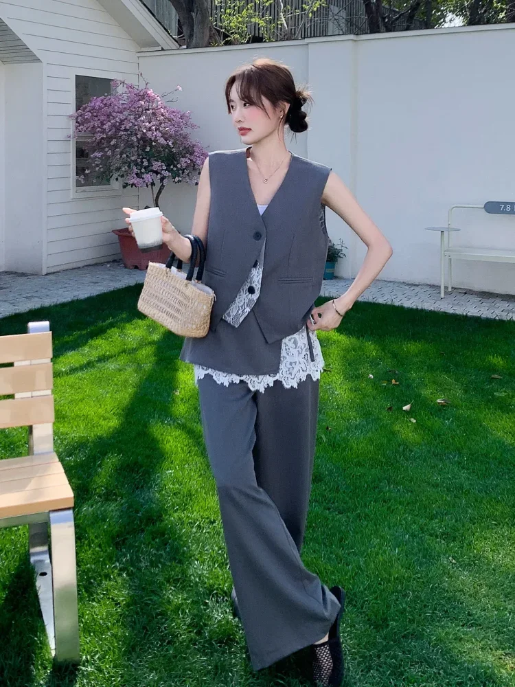 CHICMORE Setelan wanita vest blazer + celana wide leg panjang desain renda