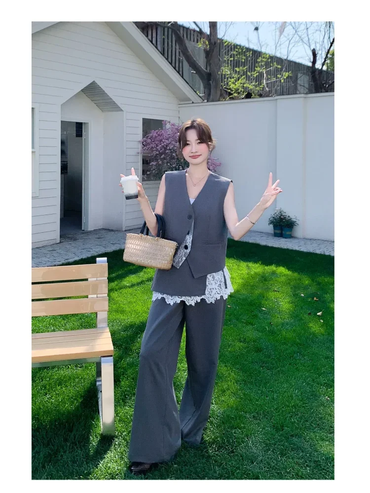 CHICMORE Setelan wanita vest blazer + celana wide leg panjang desain renda