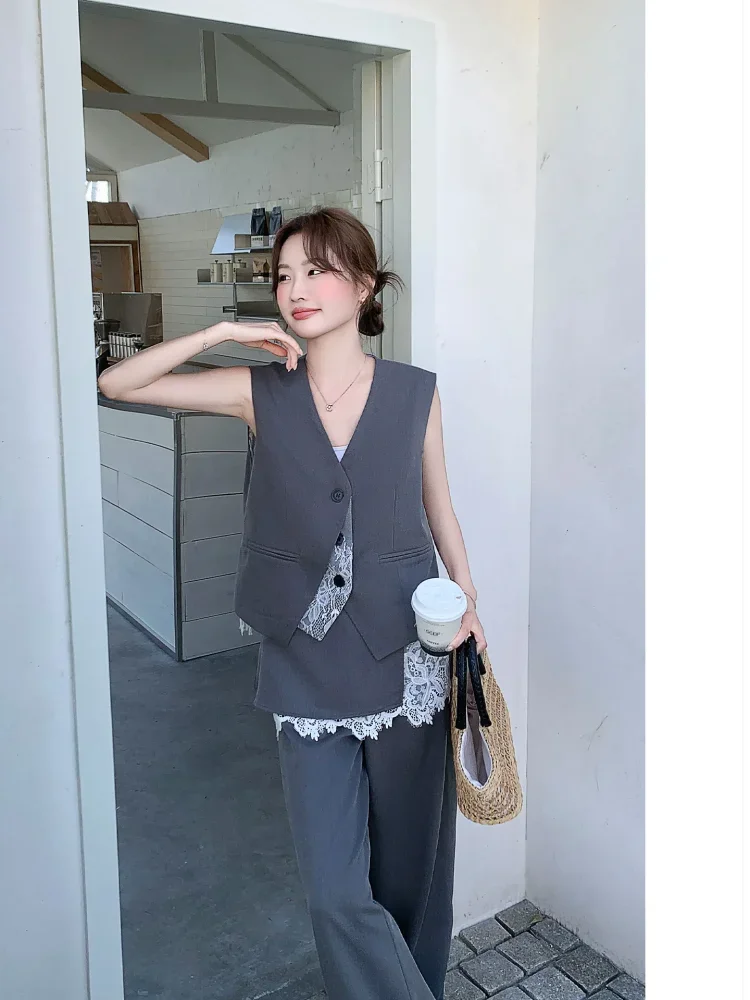 CHICMORE Setelan wanita vest blazer + celana wide leg panjang desain renda