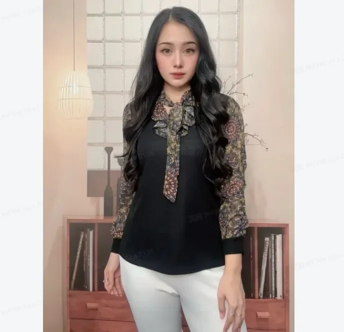 FADFAD Atasan kemeja patchwork lengan panjang dan bergaya kelas atas