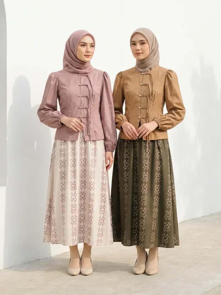 ASAYA Setelan wanita bergaya retro tiongkok, atasan lengan panjang dengan kancing buatan tangan dipadukan dengan rok model a-line yang stylish