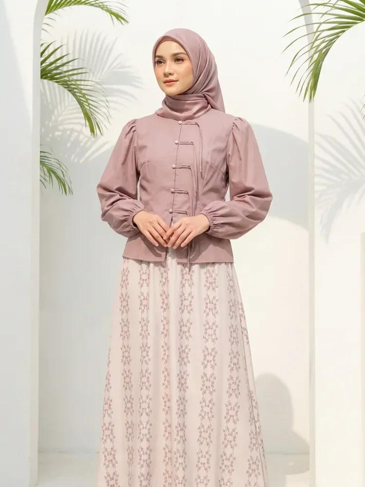 ASAYA Setelan wanita bergaya retro tiongkok, atasan lengan panjang dengan kancing buatan tangan dipadukan dengan rok model a-line yang stylish