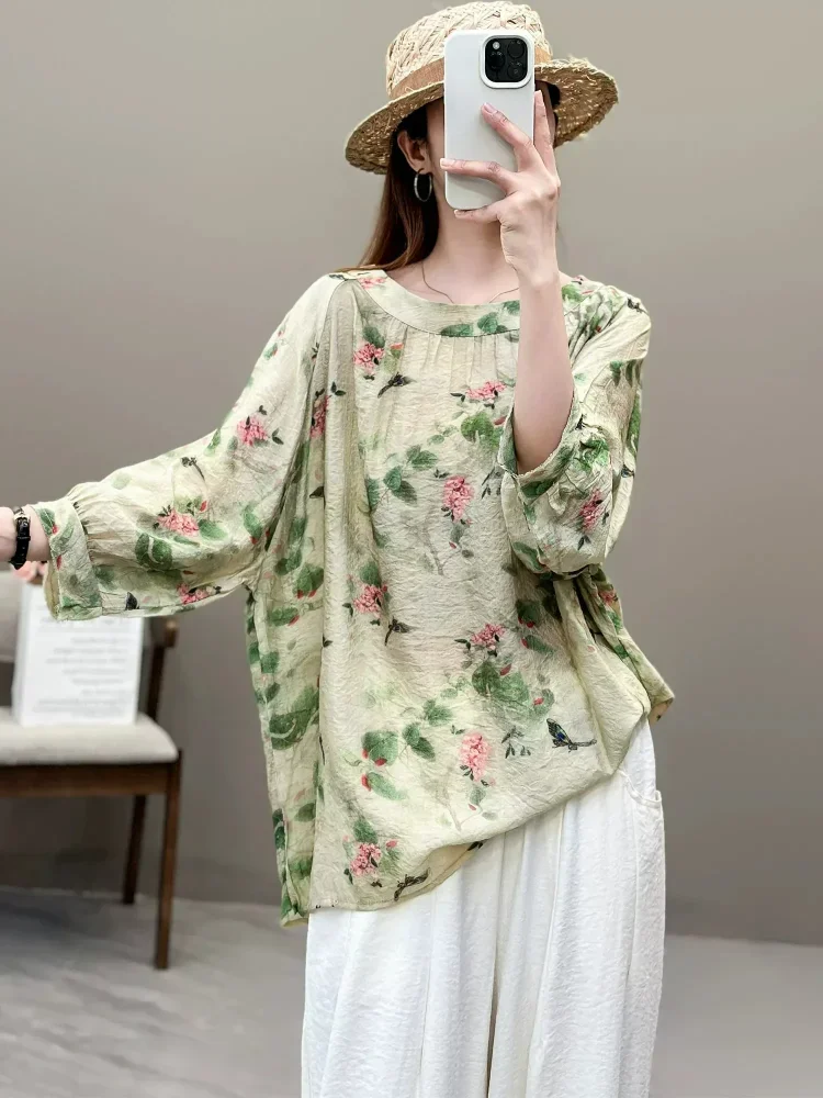 ASAYA Atasan lengan kelelawar berkerah bulat bergaya retro dengan motif bunga