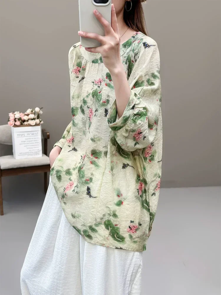 ASAYA Atasan lengan kelelawar berkerah bulat bergaya retro dengan motif bunga