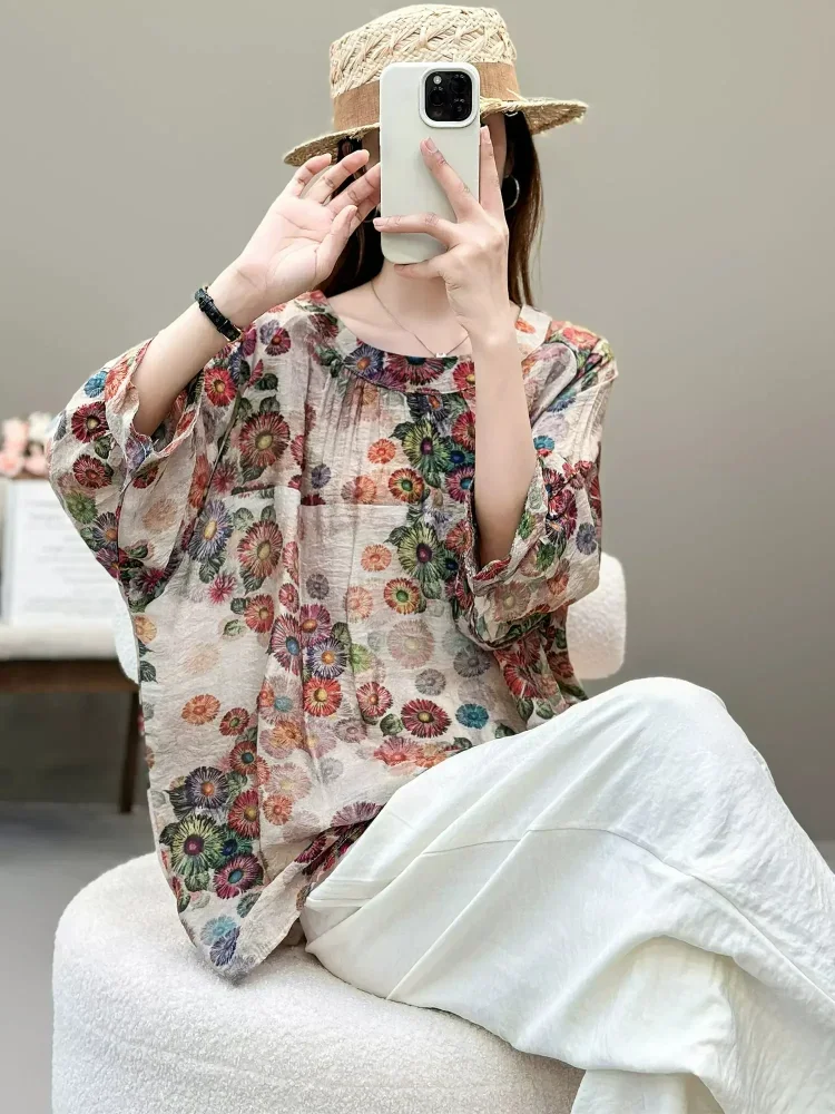 ASAYA Atasan lengan kelelawar berkerah bulat bergaya retro dengan motif bunga
