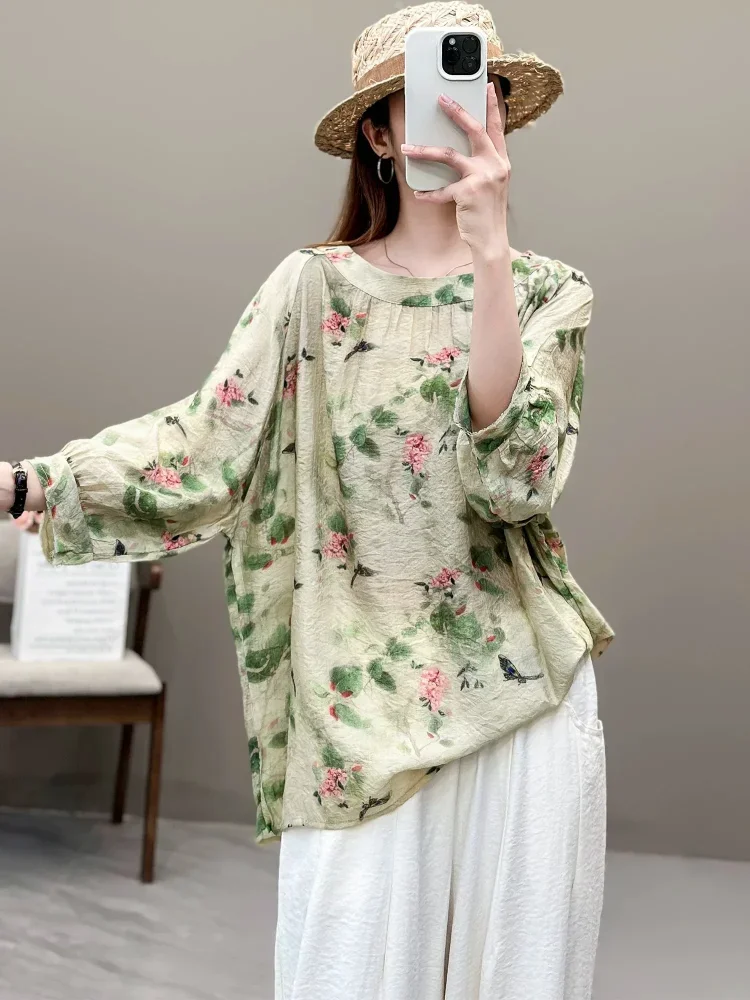 ASAYA Atasan lengan kelelawar berkerah bulat bergaya retro dengan motif bunga