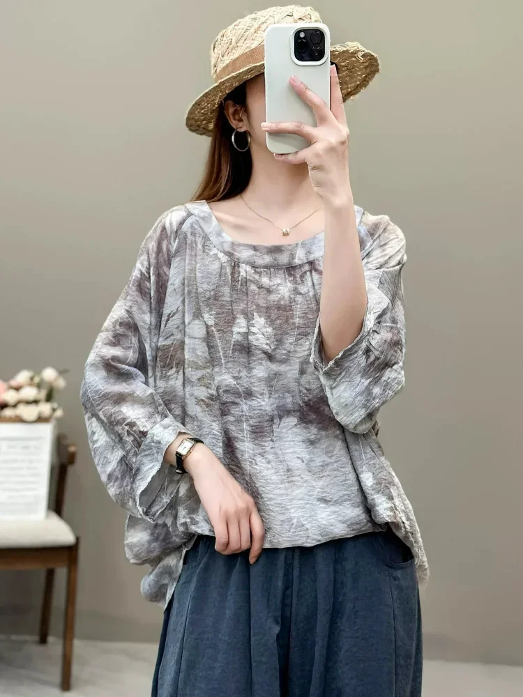 ASAYA Atasan lengan kelelawar berkerah bulat bergaya retro dengan motif bunga