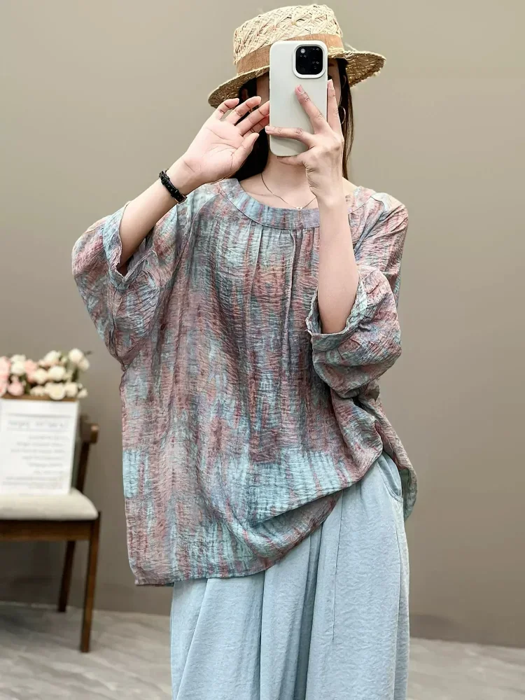 ASAYA Atasan lengan kelelawar berkerah bulat bergaya retro dengan motif bunga
