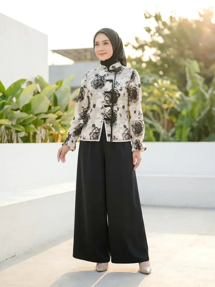 ASAYA Setelan wanita dengan lengan bell dan resleting buatan tangan bergaya minimalis warna solid
