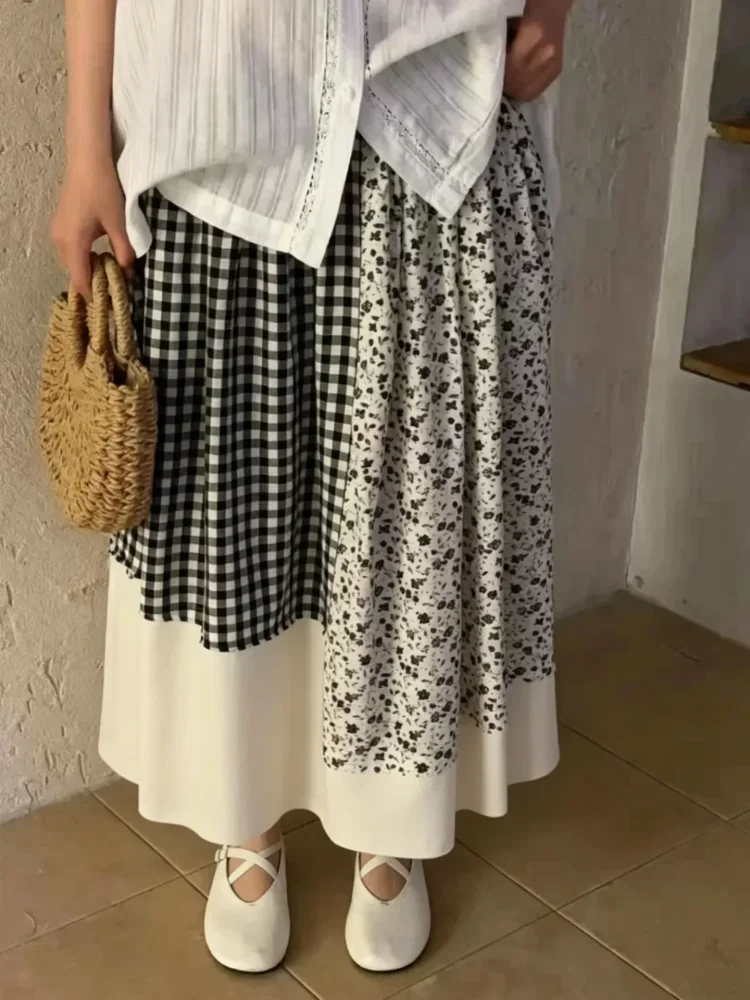 CHICMORE Rok midi a-line wanita kotak-kotak blok warna terbaru