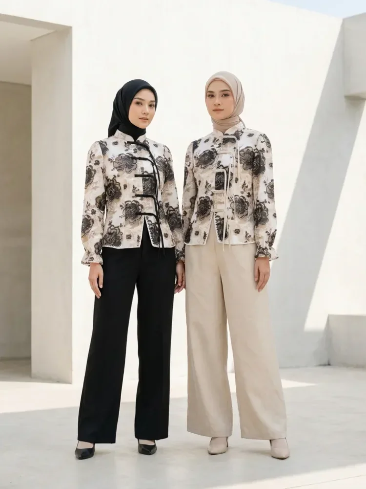 ASAYA Setelan wanita dengan lengan bell dan resleting buatan tangan bergaya minimalis warna solid