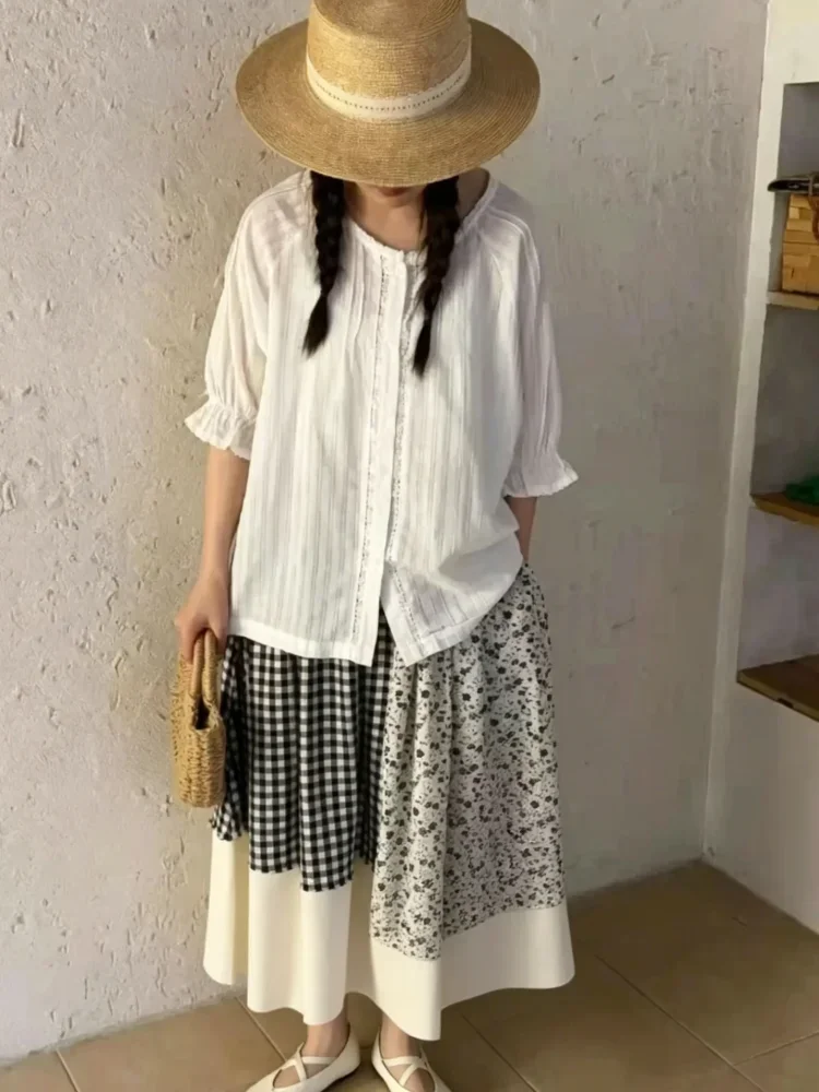 CHICMORE Rok midi a-line wanita kotak-kotak blok warna terbaru