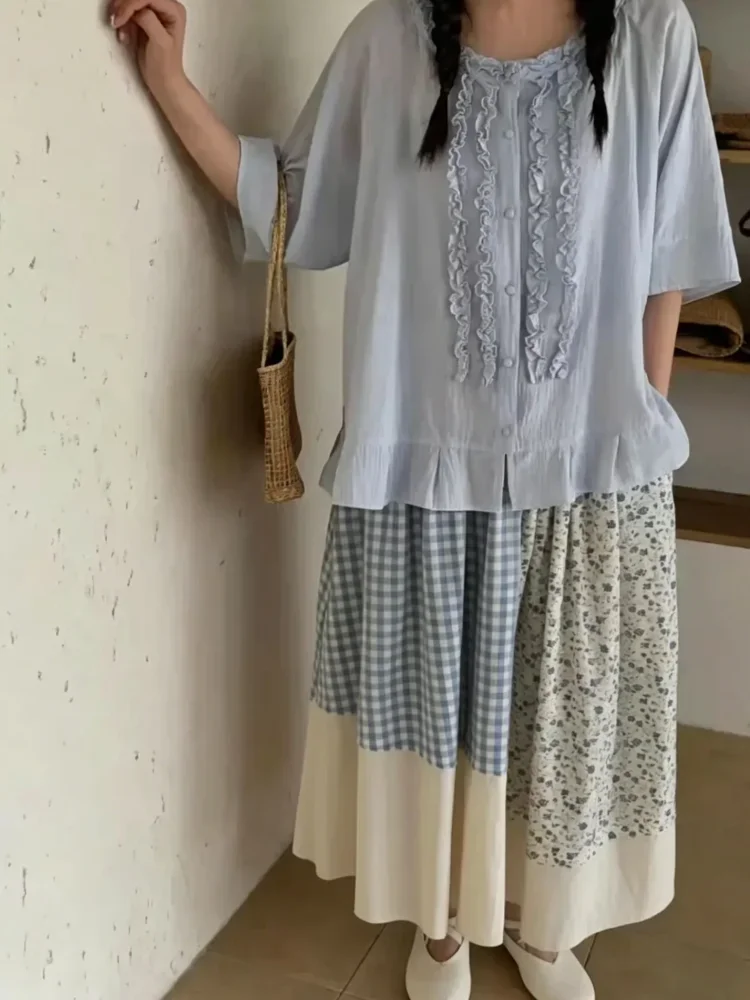 CHICMORE Rok midi a-line wanita kotak-kotak blok warna terbaru