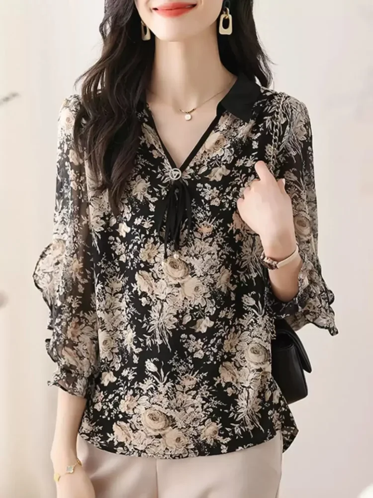 FADFAD Blouse lengan panjang motif cetak bunga bergaya elegan
