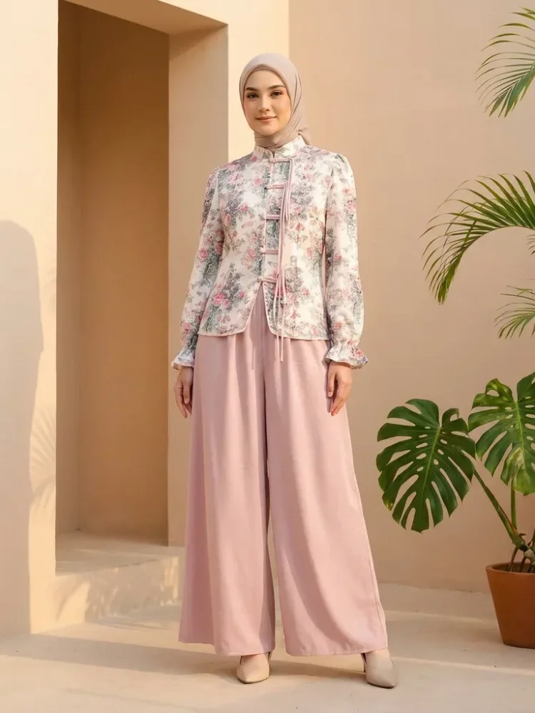 ASAYA Setelan wanita dengan lengan bell dan resleting buatan tangan bergaya minimalis warna solid